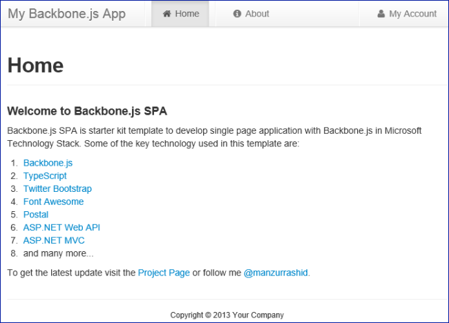 Snímek obrazovky s domovskou stránkou aplikace My Backbone dot j s App