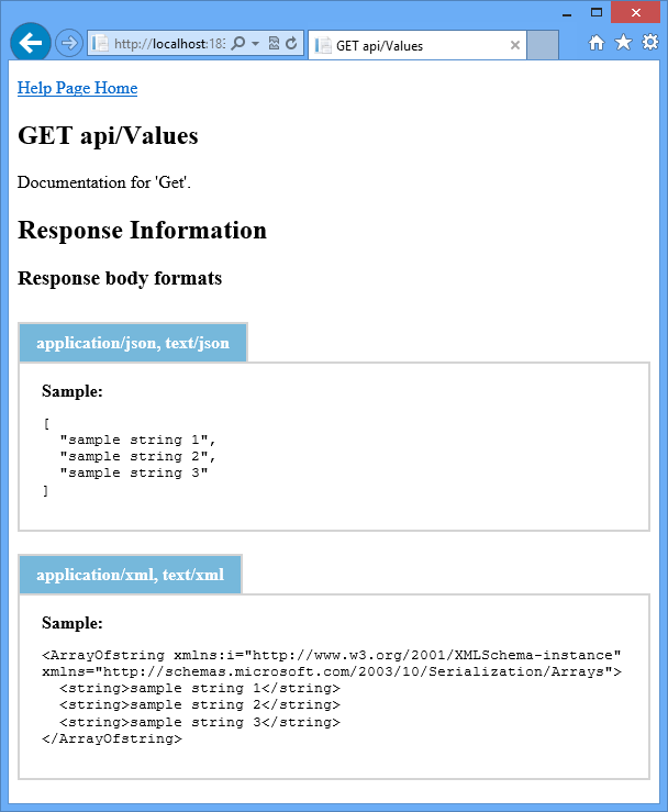 Stránka nápovědy k webovému rozhraní API pro rozhraní GET API