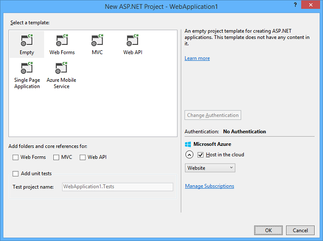 Snímek obrazovky s oknem Nový projekt ASP.NET