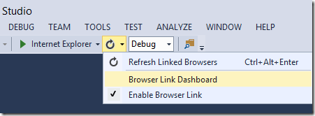 Snímek obrazovky s nabídkou sady Visual Studio se zvýrazněnou ikonou Aktualizovat a zvýrazněným řídicím panelem Odkaz na prohlížeč v rozevírací nabídce