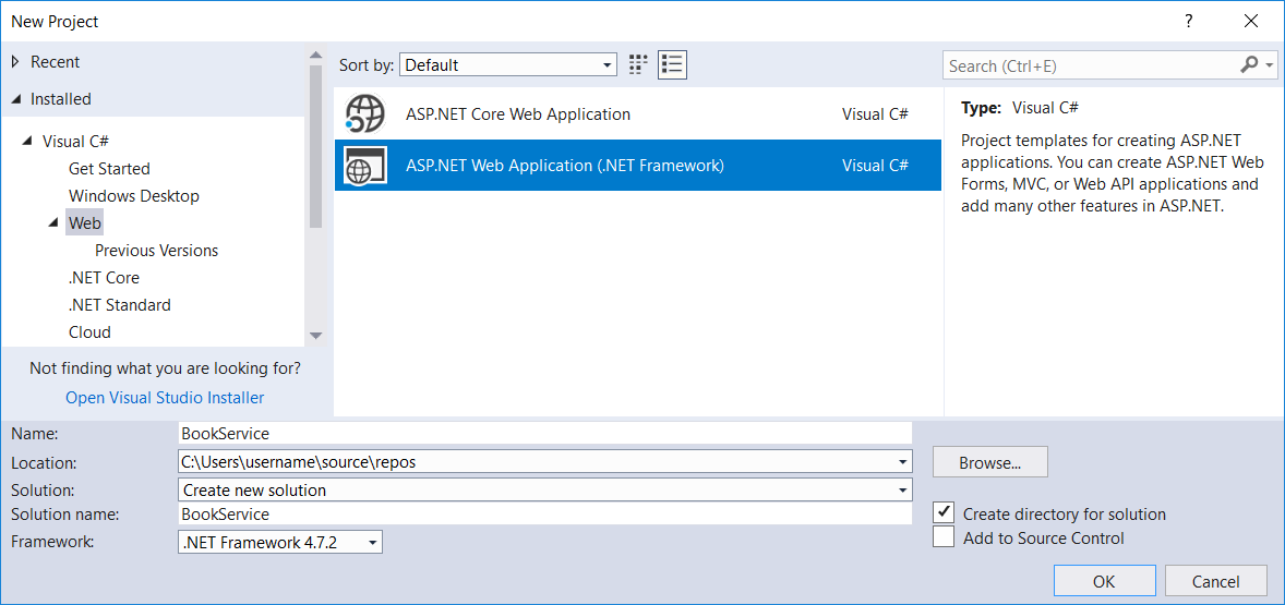 Snímek obrazovky s dialogovým oknem Nový projekt s možností Web v levém podokně a zvýrazněnou možností A S P tečkou Net Web Application v prostředním podokně