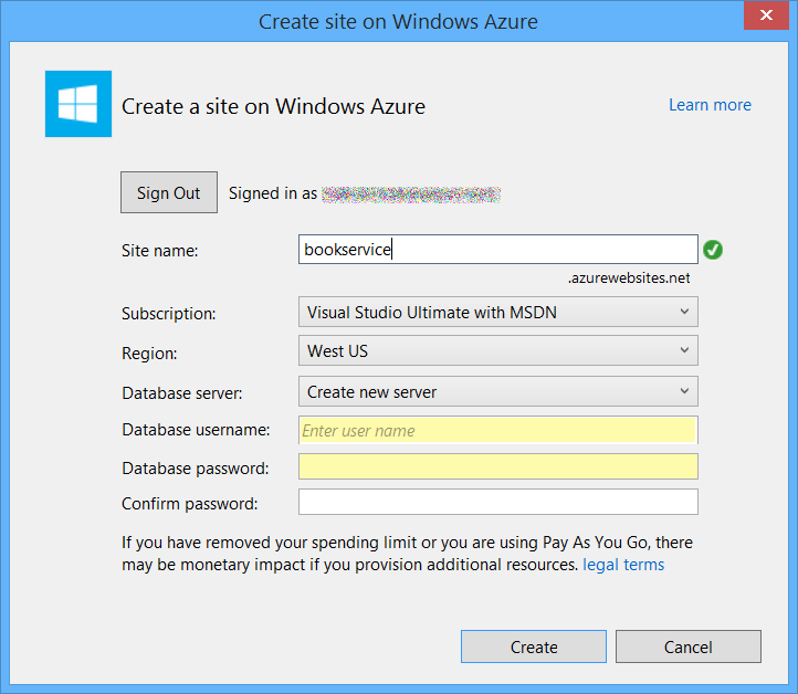Snímek obrazovky dialogového okna Vytvořit web ve Windows Azure s poli Uživatelské jméno databáze a Heslo databáze zvýrazněnými žlutě