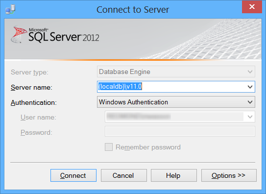Snímek obrazovky s dialogovým oknem Připojit k serveru s textem local d b v 11 dot 0 v poli Název serveru a zvýrazněným modře
