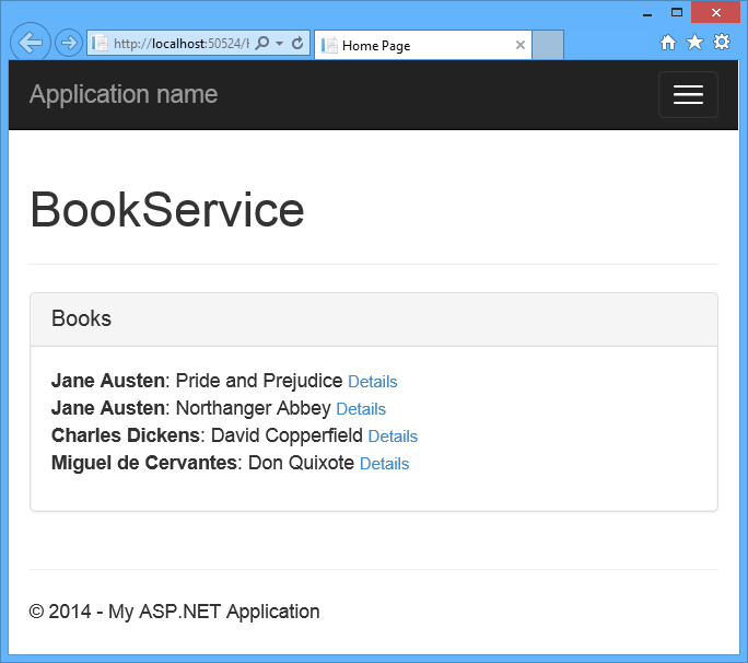 Snímek obrazovky s oknem aplikace zobrazujícím podokno Knihy se seznamem knih a odpovídajícími odkazy na podrobnosti