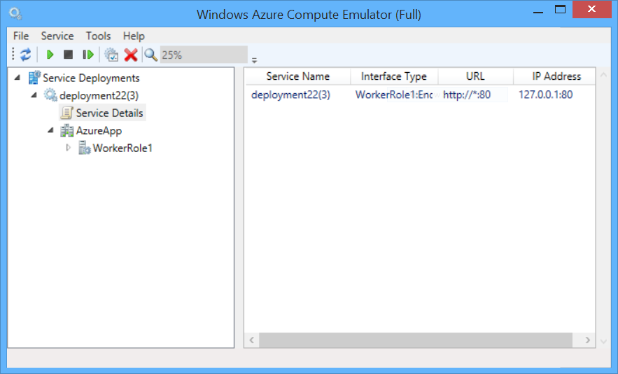 Snímek obrazovky s uživatelským rozhraním Emulátoru služby Azure Compute, který zobrazuje nabídku a informace o adrese koncového bodu I P při výběru možnosti Podrobnosti o službě