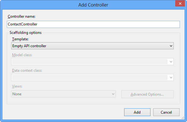 Vytvoření nového kontroleru webového rozhraní API pomocí dialogového okna Přidat kontroler