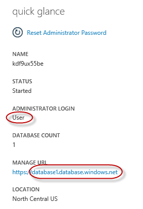 Řídicí panel serveru SLUŽBY SQL Database