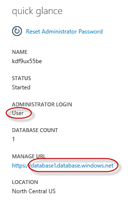 řídicí panel serveru SQL Database