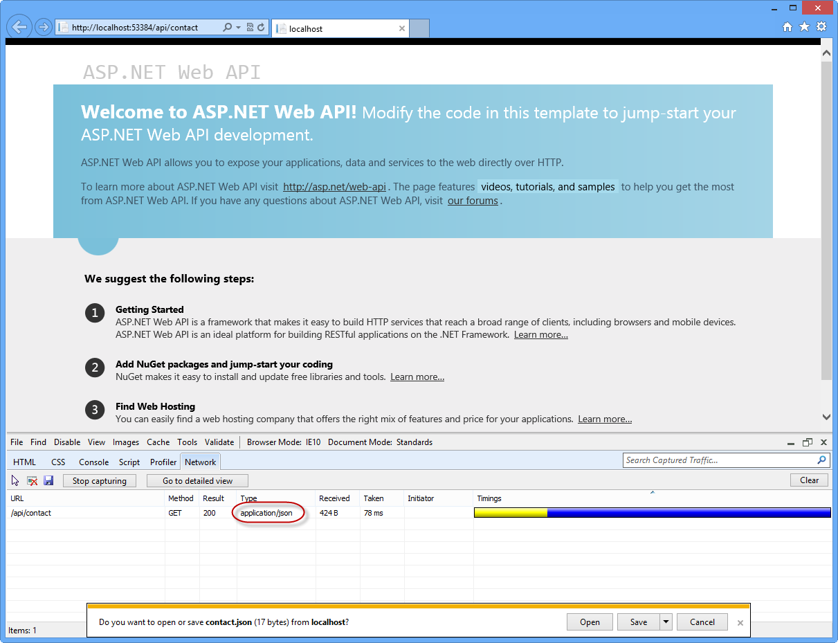 Zobrazení výstupu požadavku webového rozhraní API v zobrazení Síť