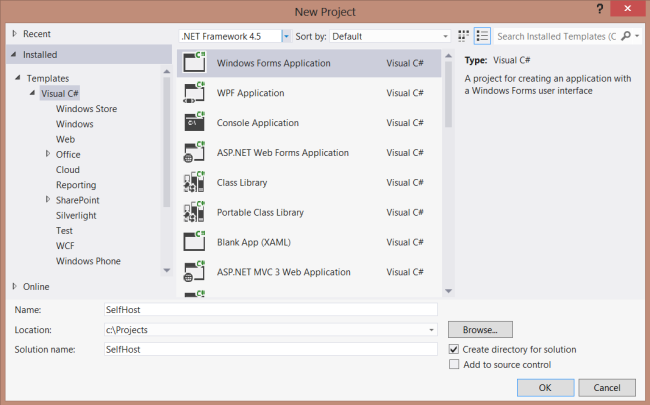 Snímek obrazovky dialogového okna Nový projekt zobrazující položku Visual C# v seznamu složek a položku aplikace model Windows Forms, která je zvýrazněná šedě