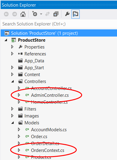 Snímek obrazovky se zobrazením projektu Průzkumník řešení AdminController tečka c s a OrdersContext tečka c s jsou zvýrazněné.