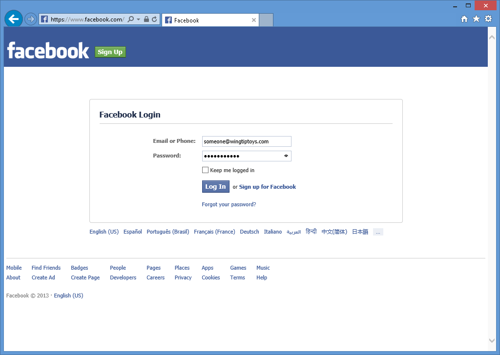 Kliknutím rozbalte obrázek Obrázek přihlašovací stránky Facebooku