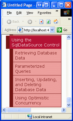Mapa webu teď obsahuje položky pro kurzy SqlDataSource.