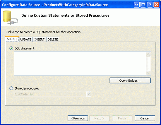 Zadejte vlastní příkaz SQL nebo vyberte uloženou proceduru.