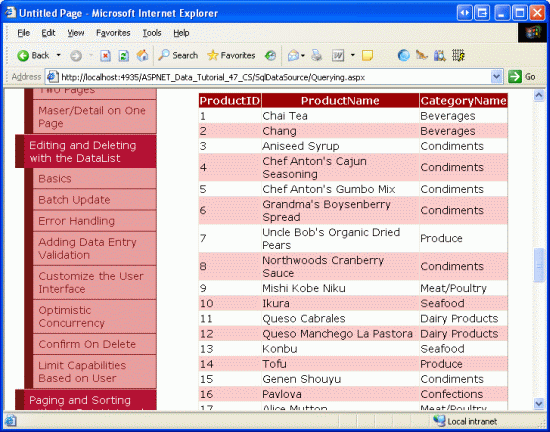 Zobrazení GridView zobrazuje ID, název a název přidružené kategorie každého produktu.