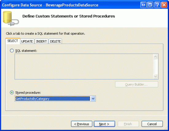 V seznamu Drop-Down vyberte uloženou proceduru GetProductsByCategory.