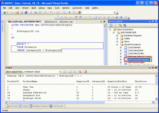 Uložená procedura GetProductsByCategory při spuštění s <span class=