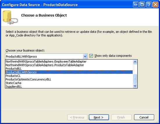 Konfigurace objektu ObjectDataSource pro použití třídy ProductsBLLWithSprocs