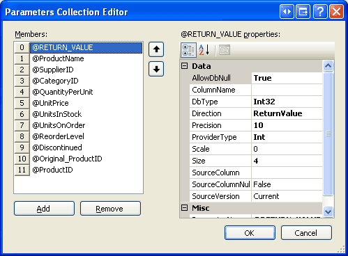 Kolekce parametrů Editor Seznamy použité parametry předané uložené proceduře Products_Update