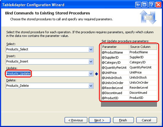 Případně můžete použít Průvodce konfigurací objektu TableAdapter k aktualizaci kolekcí parametrů jeho metod.