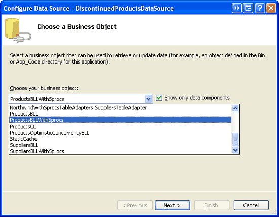 Konfigurace objektu ObjectDataSource pro použití třídy ProductsBLLWithSprocs