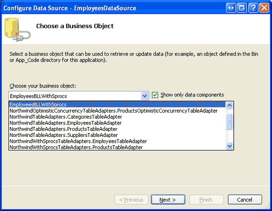 Nakonfigurujte ObjectDataSource tak, aby používal třídu EmployeesBLLWithSprocs.