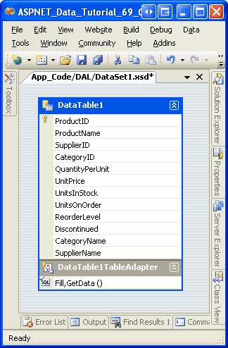Tabulka DataTable obsahuje sloupec pro každé pole vrácené v seznamu sloupců.