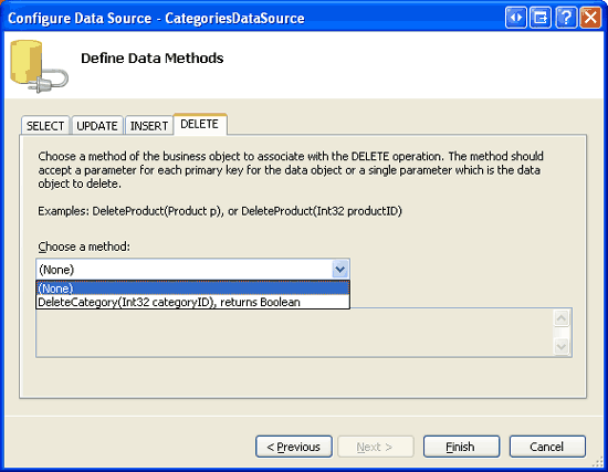 Nastavte Drop-Down Seznamy na kartách UPDATE, INSERT a DELETE na (Žádné).