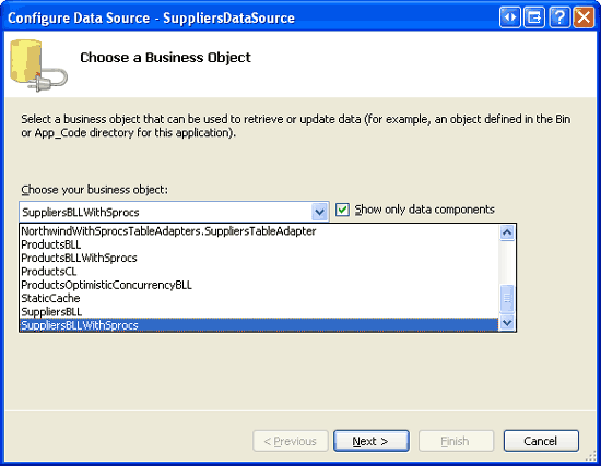 Konfigurace ObjectDataSource pro použití třídy SuppliersBLLWithSprocs