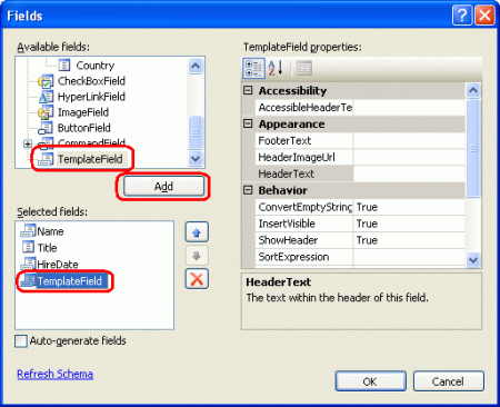 Přidání nového pole TemplateField do objektu GridView