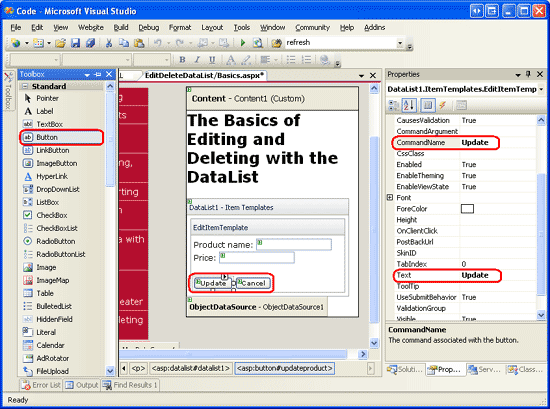 Snímek obrazovky zobrazující DataList EditItemTemplate s přidanými tlačítky Aktualizovat a Zrušit
