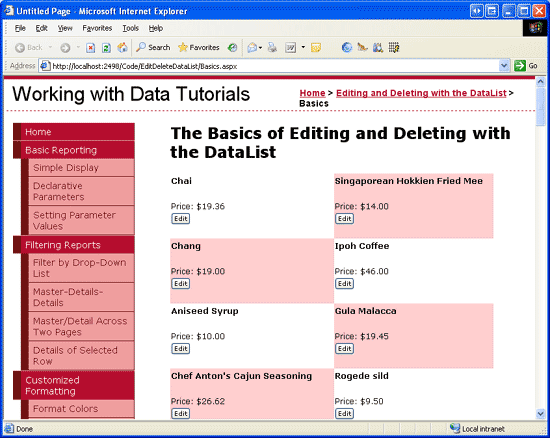 Snímek obrazovky znázorňující DataList EditItemTemplate s přidaným tlačítkem Upravit