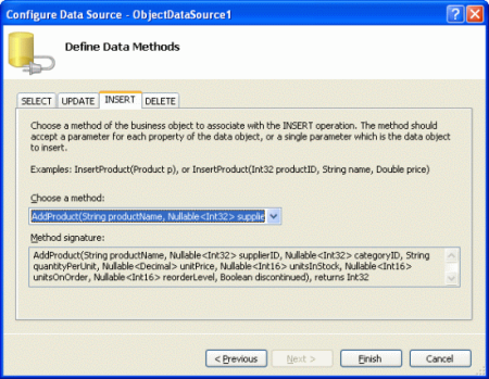 Nastavte seznam Drop-Down karty INSERT na metodu AddProduct.