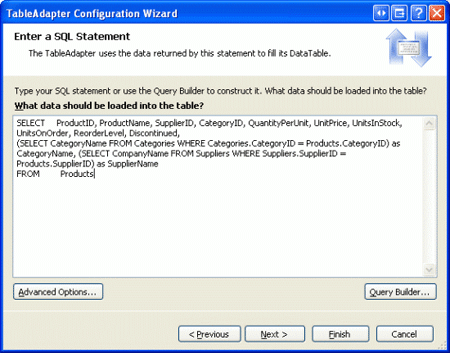 Použití stejného dotazu SQL z tabulky Products TableAdapter v původní dal