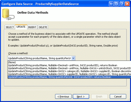 Nakonfigurujte ObjectDataSource tak, aby používal právě vytvořené přetížení UpdateProduct.