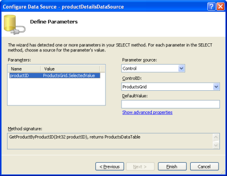 Nastavení parametru productID na vlastnost SelectedValue objektu GridView