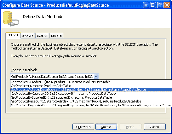 Vytvořte ObjectDataSource a nakonfigurujte ho tak, aby používal metodu GetProductsAsPagedDataSource ().