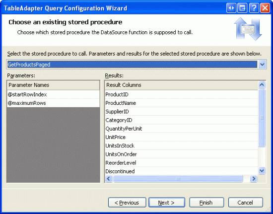 V seznamu Drop-Down vyberte uloženou proceduru GetProductsPaged.