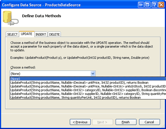 Nastavte Drop-Down Seznamy na kartách AKTUALIZOVAT, VLOŽIT a ODSTRANIT na (Žádné).