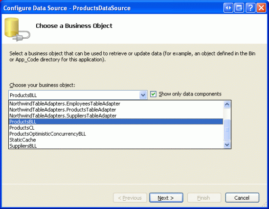Konfigurace ObjectDataSource pro použití třídy ProductsBLL
