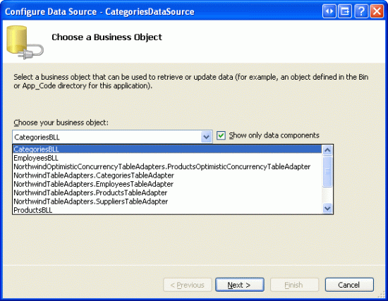 Konfigurace objektu ObjectDataSource pro použití třídy CategoriesBLL