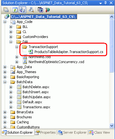 Přidejte složku s názvem TransactionSupport a soubor třídy s názvem ProductsTableAdapter.TransactionSupport.cs