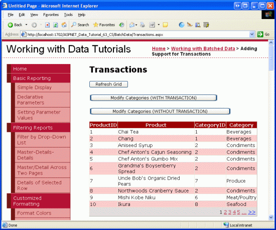 Produkty jsou zobrazeny v pageable GridView