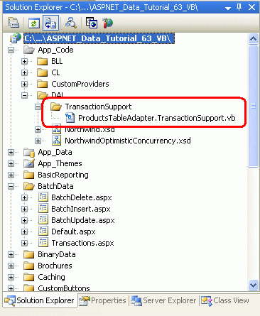 Přidejte složku s názvem TransactionSupport a soubor třídy s názvem ProductsTableAdapter.TransactionSupport.vb