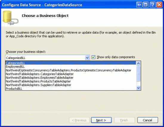 Nakonfigurujte ObjectDataSource tak, aby používal třídu CategoriesBLL.