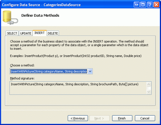 Nakonfigurujte ObjectDataSource tak, aby používal metodu InsertWithPicture.