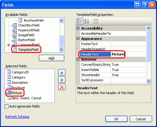 Snímek obrazovky s oknem polí se zvýrazněnými položkami TemplateField, Picture a HeaderText