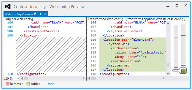 Snímek obrazovky znázorňující Web.config Preview s vývojovým souborem na levé straně a s tím, jak bude nasazený soubor vypadat vpravo se zvýrazněnými změnami