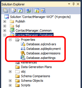 Pokud otevřete ukázkové řešení Contact Manageru v sadě Visual Studio 2010, uvidíte, že databázový projekt obsahuje složku Vlastnosti, která obsahuje čtyři soubory.