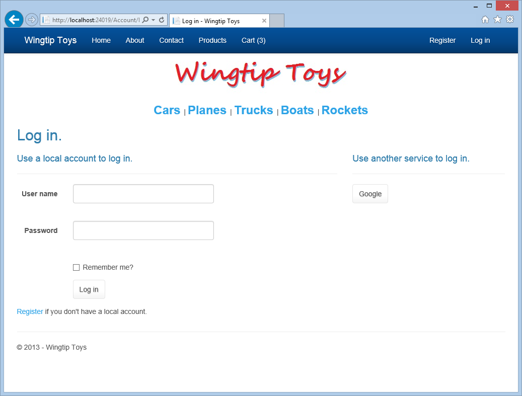 Wingtip Toys – přihlášení